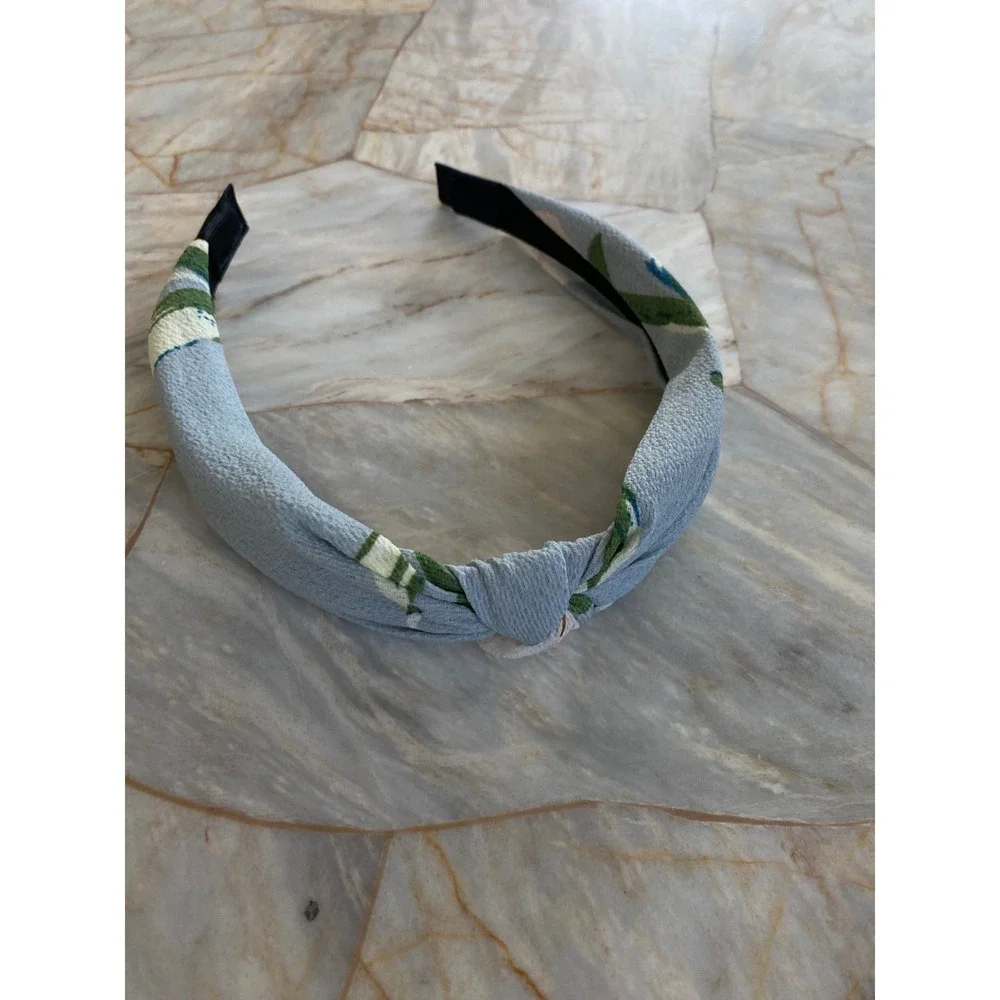 Light Blue Floral Knotted Headband Textured Botanical Top Knot Hair Accessory